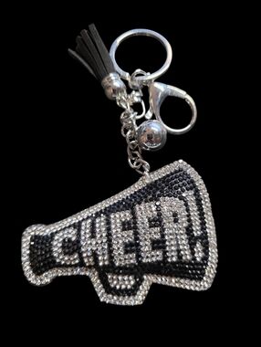Black Rhinestone 'CHEER' Megaphone Keychain with Red Tassel